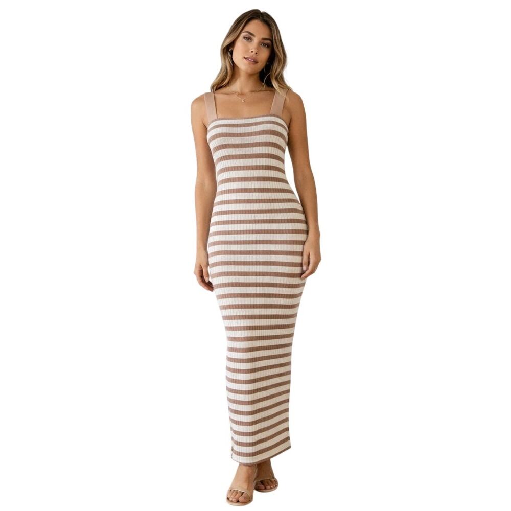 Merokeety Womens Small Tube Maxi Summer Dress Bodycon Stretch Tan White Stripe